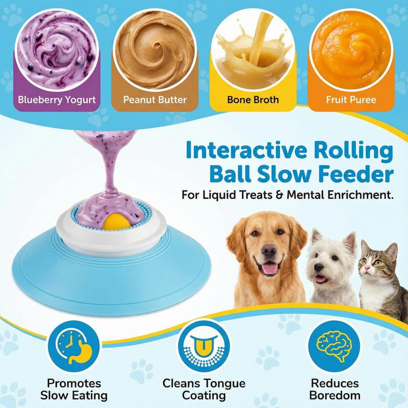 Mess-Free Dog Liquid Slow Feeder with Oral Care Texture, Keeps Face Clean Rolling Ball Bowl for Yogurt & Broth, Tongue Cleaning