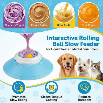 Mess-Free Dog Liquid Slow Feeder with Oral Care Texture, Keeps Face Clean Rolling Ball Bowl for Yogurt & Broth, Tongue Cleaning
